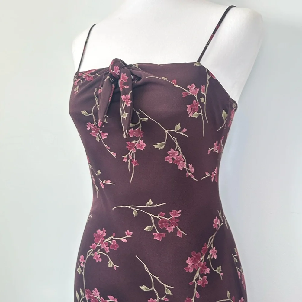 Vintage Y2k Teeze Me Deep Burgundy Dainty Pink Floral Fitted Dress - Picture 9 of 14